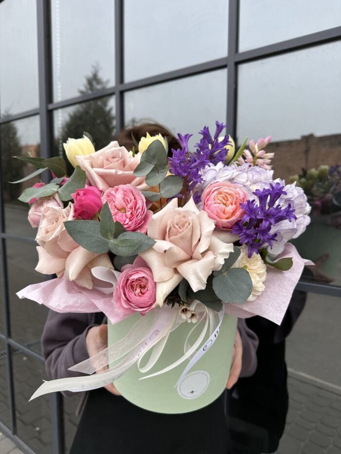 Квіткова коробка з трояндами та ранункулюсом