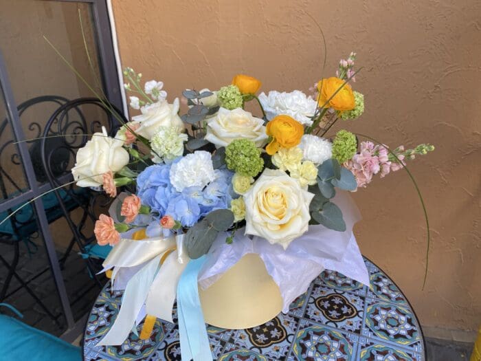 Квітковий кошик з гортензією та матіолами